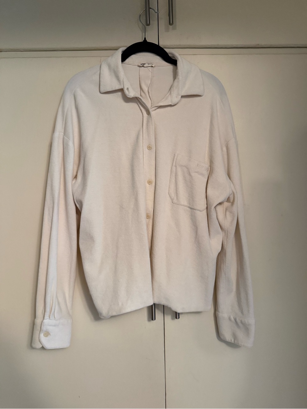 Cream Terry Button-Up Collared Women's Top